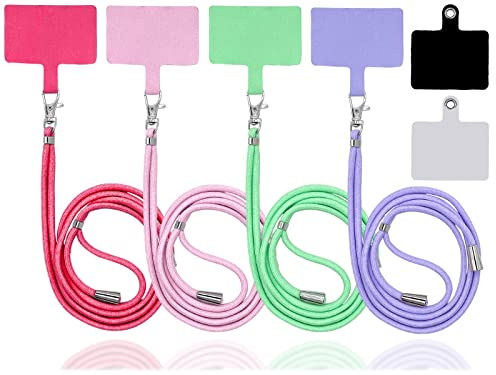 CKANDAY 4 Pack Universal Nylon Neck Crossbody Cell Phone Lanyards + 6 Pieces Replacement Sticker Patches Tab, Adjustable Detachable Strap Safety Tether and Pads for Most Smartphone, 4 Colors