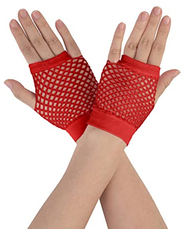 sourcing map Guantes de rejilla sin dedos para mujer de colores para disfraces de los años 80, suministros para fiestas, accesorios para disfraces rojo Short-1Pair
