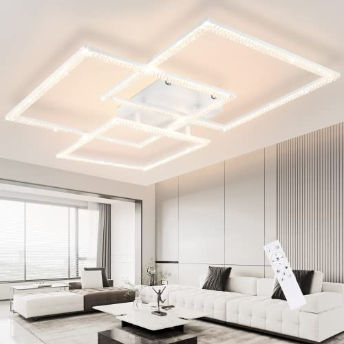 Homefire Deckenlampe LED Deckenleuchte Wohnzimmer 75CM Wohnzimmerlampe | Dimmbar Modern Kristall Weiß Schlafzimmerlampe Design Innen Lampe mit Fernbedienung für Schlafzimmer Büro Küche