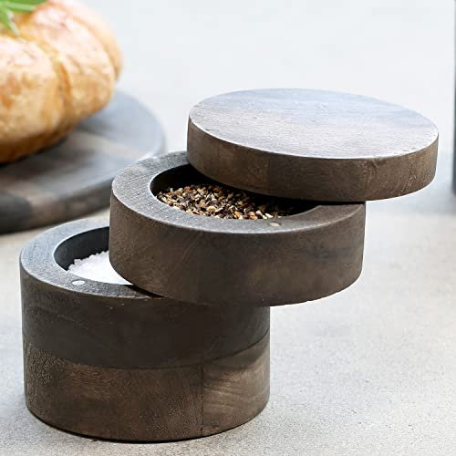 Salière et poivrière en bois d'acacia avec 2 compartiments (charbon)