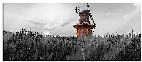 Pixxprint Glasbild Panorama, Wandbild aus Echtglas, schöne Windmühle auf dem Feld, 100x40 cm, inkl. Aufhängung und Abstandshalter