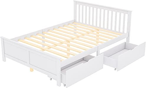 Azkoeesy Jugendbett Doppelbett mit Stauraum Schubladen und Lattenrost, Klassisches Holzbett 140 x 200 cm, Kiefernholz, Weiß