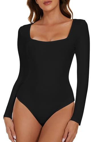 CARCOS Body Damen Langarm Elegant Bodysuit Tops Sexy Eckiger Ausschnitt Langarmbody für Frauen Schwarz XL