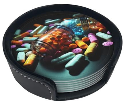 Medizin-Pillen-bedruckte Getränkeuntersetzer mit Halter, Leder-Untersetzer-Set, 6 Stück, Esszimmerdekoration, Tassen-Untersetzer für Zuhause, Büro, Küche