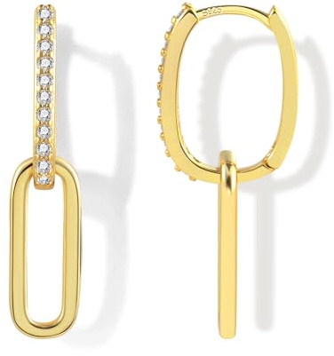 ALEXCRAFT 14K Creolen Gold Eckige Ohrringe Hängend Vergoldete Geschenk für Frauen Freundin Mama Mädchen | Silber 925 Ohrringe Hängend Ohrhänger Eckige Doppel Zirkon Creolen mit Anhänger Geometrie Tropfenohrringe Frauen Schmuck