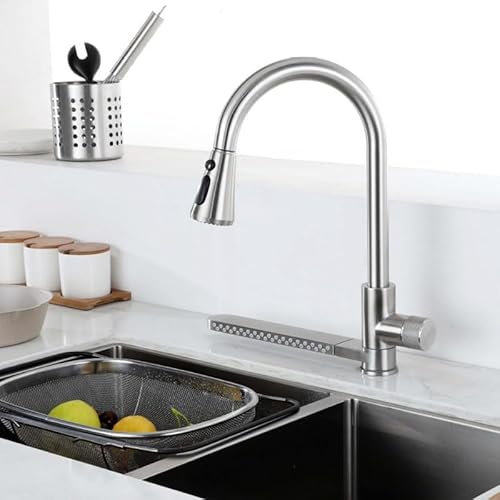 ZYCDP Rubinetteria Cucina con Doccetta Estraibile Flying Rain Cascata, Miscelatore Monocomando Cucina Fredda e Calda Girevole a 360° Spazzolato