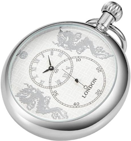 Tiong Men's Vintage Open Face Resistance Full Steel Mechanical Antique Honed Stainless Pocket Watch with Chain for Men Women