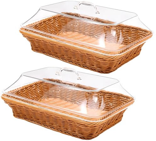 Lot de 2 paniers à pain en osier avec couvercles en acrylique, plateau à fruits, plateau de service en rotin pour cuisine, table à manger, restaurants, corbeille à pain tissée avec couvercle