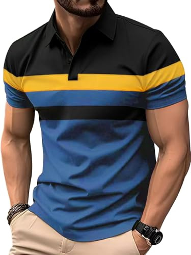 Comilaka Men's Polo Shirts Short Sleeve Casual Striped Shirts Contrast Color Patchwork Summer T Shirts Light Blue