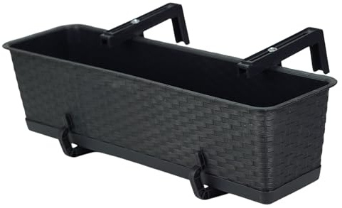 DIKEL Blumenkasten Balkon 59 cm x 17 cm | Pflanzkasten wetterfest mit Untersetzer und Halterung | Balkonkasten in Rattanoptik für die stilvolle Bepflanzung von Terrasse und Balkon | Anthrazit