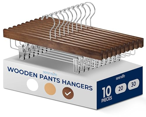 Serenelife Cintres Bois à Pinces - Cintres Pantalons, Jupes, Jeans, Uniformes - Crochets Pivotants 360°, Pinces Réglables, Finition Bois Marron, Lot de 10