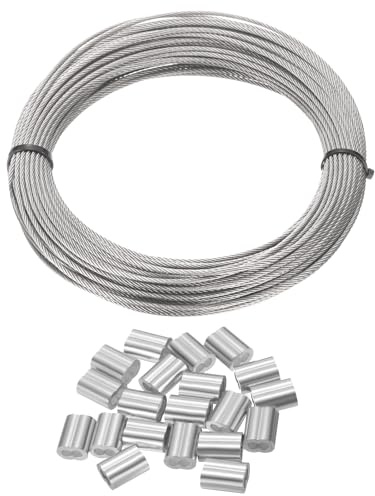 sourcing map 304 Stainless Steel Cable Wire Rope Kit 100FT (30M) Long 3/32 (2.5mm) Dia 7x7 Strand Core with 30pcs Loop Sleeve for Deck Railing System Outdoor Hanging Kit Garden Fence