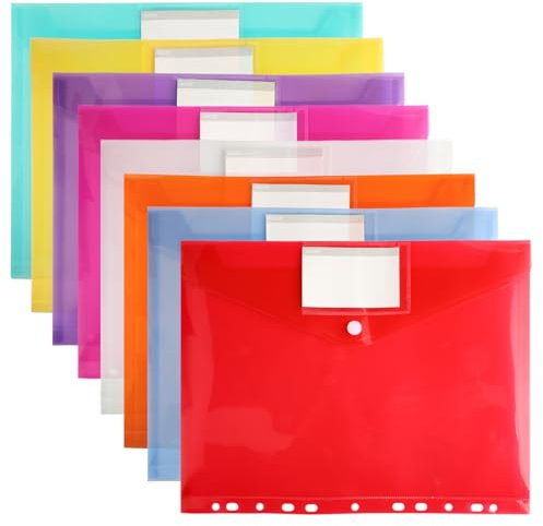 Dokumententasche A4 – 8 Stück Dokumentenmappe A4 in 8 Farben, Wasserdichte Sichttaschen mit 11 Lochrand, Klettverschluss & Etikettentasche, Dokumente Ordnen für Schule, Büro & Zuhause