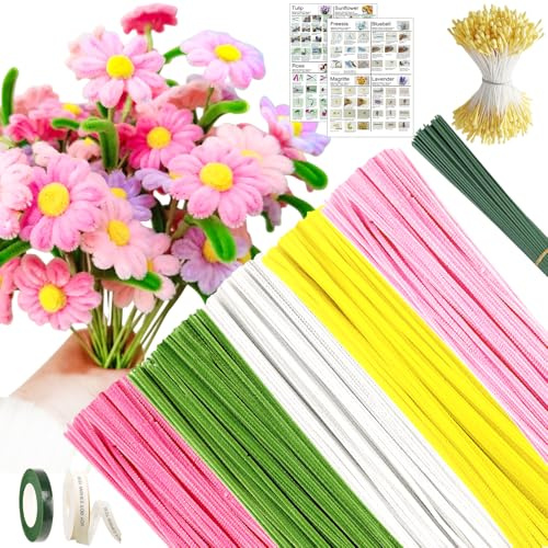Limpiador de pipas floral, set de 300 piezas de limpiador de tubos para manualidades, 5 colores de alambre de chenilla para el Día de la Madre, San Valentín, aniversario y decoración artesanal