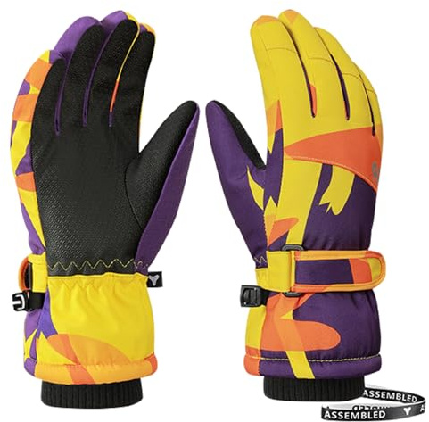 Jupsk Guantes de Invierno para Niños, Guantes de Esquí Impermeable Térmicos Manopla Mitones Ski Gloves 3M Thinsulate para Niños y Niñas 8-12 Años (Amarillo)