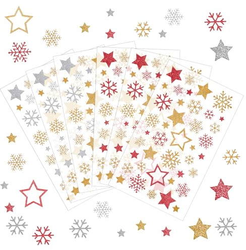 6 Blatt Stern Aufkleber,240 Stück Glitzer Sterne Schneeflocken Sticker,Gold Sliber Stern Weihnachtssticker,Selbstklebende Rot Schneeflocken zum Basteln,für Weihnachten Deko DIY Geschenk Weihnachtskart