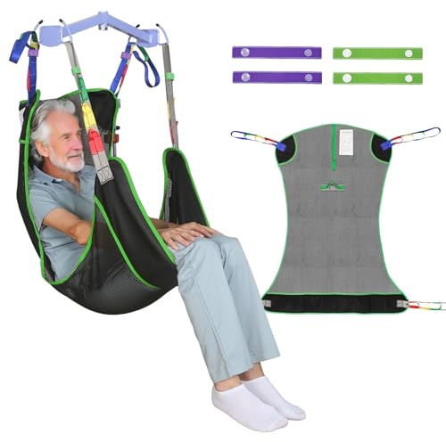 Sling de levage corporel complet EZ Assistive 225kg–Sling de transfert en mesh ultra-résistant pour fauteuil roulant, toilettes et douche–Sling respirant avec rembourrage large et boucles colorées (L)
