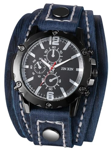 JewelryWe Montre Homme Cuir Punk: Montre Bracelet Large Réglable Cuir Véritable, Cadran Quartz 3 sous-Cadrans Décoratifs, Style Steampunk Motard Biker et Vintage pour Halloween,Cadeau Originale