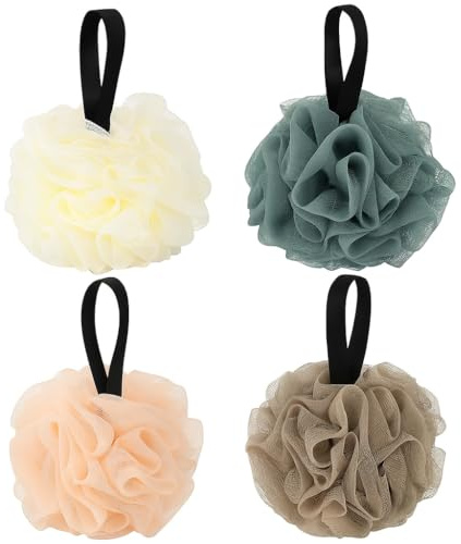 Set di 4 spugne esfolianti da doccia riutilizzabili, in morbida rete di polietilene, con cinghia per appenderla, esfoliazione delicata della pelle e schiuma ricca, per uomini e donne (blu, cachi, rosa