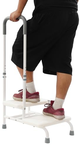 Badewannenstufe mit Haltegriff 2 Stufen,Höhenverstellung 89-100cm,rutschfeste Badewannenstufe Max. 135 kg Badewanneneinstiegshilfe ideal für Badewanne, Bett, Auto (Weiß, 55 * 35 * 89cm)