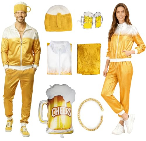 Bier Kostüm, 90er 80er Jahre Kostüm Erwachsene Retro Outfit, Bier Trainingsanzug für Männer Frauen, Bieranzug mit Goldkette Bierhut Brille Bierfolienballon für Karneval Halloween Oktoberfest (S-M)