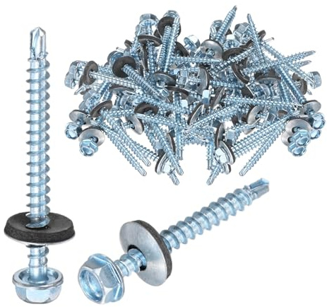 M METERXITY 100 Unidades Tornillos Autoperforantes Con Arandela Goma ST4.8 X 50mm Acero Al Carbono Zincado Cabeza Hexagonal Para Paneles Metal Para Techos/Revestimientos/Estructuras Acero