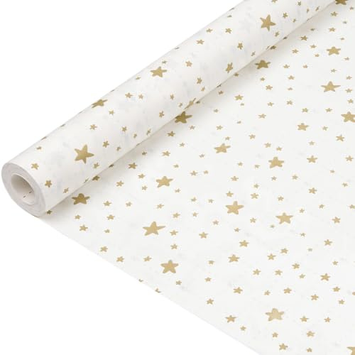 Rouleau de papier cadeau 15 m : Papier blanc à motif étoiles dorées, recyclable, idéal pour Noël, anniversaires, mariages et la Saint-Valentin - 43 cm x 15 m