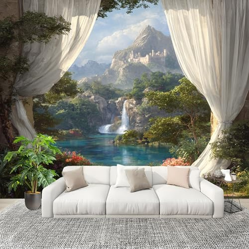 Fotográfico 3D HD No Tejido Valles, Lagos, Cascadas ExtraíBle Papel Pintado Fotomural 200×140 cm Verde Resistente al agua y a las manchas Fácil Instalación Murales Panorámicos