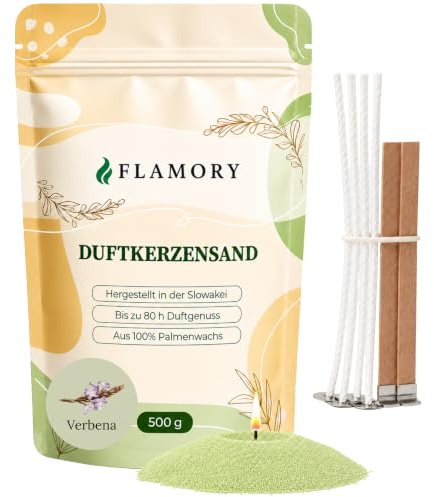 Flamory Kerzensand mit Duft Verbena 500g, inkl. 6 Dochte, 80h Brennzeit | Pflanzlicher Duftkerzensand aus der Slowakei, ohne Paraffin, rußarm. Vegan und nachfüllbar. Kerzensand mit Docht und Duft.