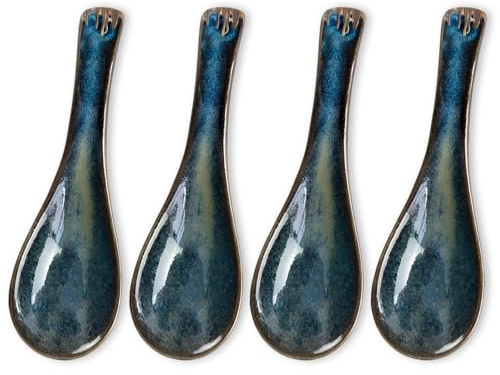 Asiatische Suppenlöffel Set, 4 Stücke Japanische Art-Blaue Keramik Suppenlöffel,Ideal für Ramen, Asiatische Suppen und Desserts, Spülmaschinenfest und Gesund