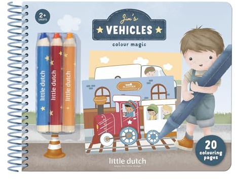 Little Dutch Målarbok med färgpennor – för småbarn från 2 år – med fordonsmotiv för färgläggning och tomma sidor – Jim's fordon