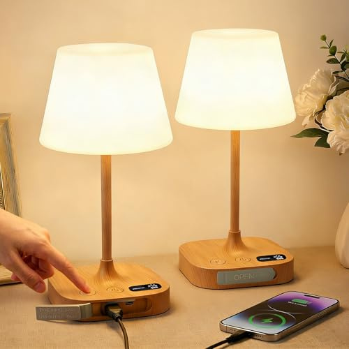 Nachttischlampe Touch Dimmbar 2er Set,Tischlampe Kabellos mit 3 Modi&Memory | LED Tischlampe Akku USB Aufladbar mit LCD Display, IP55 Wasserdicht, Holzsockel Modern Deko für Schlafzimmer, Wohnzimmer