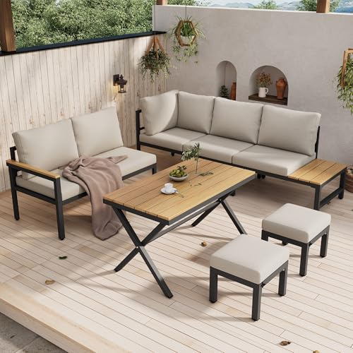 Lahoomu Gartenmöbel Set 4-teilig: Ecksofa, Esstisch mit Ablage & 2 Hocker – Wetterfeste Garten-Essgruppe aus verzinktem Stahl & Kunststoff-Holz – Outdoor Lounge Set Beige