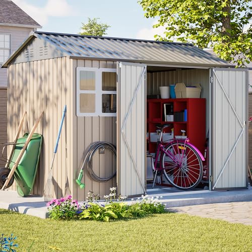 Thanaddo Gerätehaus Metall Groß Geräteschuppen 250x180x200cm, Wetterfest Gartenhaus mit Satteldach Fenster und Abschließbarer Tür, Gartenschuppen für Outdoor Garten Hinterhof, Braun