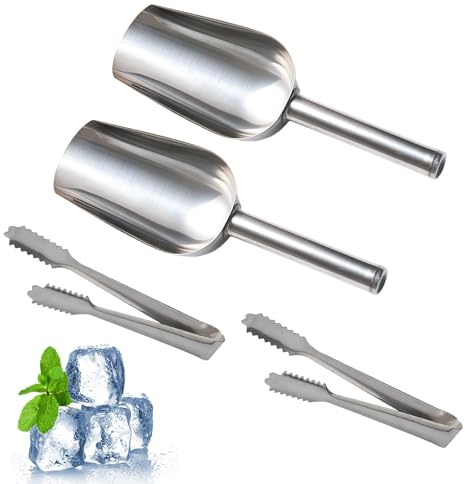 4 Pcs Stainless Steel Sweet Scoops 15cm and Ice Tongs 17cm, Candy Tongs Set | Serrated Grip for Non Slip, Rust Resistant and Easy Clean, U Shaped Comfort Handle, for Coffee Shops Bars and Parties