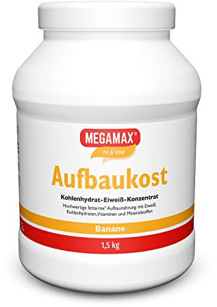 Megamax Aufbaukost Banane 1.5 kg. Hochkalorische Trinknahrung als kalorienshake für Gewichtszunahme. Proteinpulver zur Zubereitung eines fettarmen Kohlenhydrat-Getränkes für Muskelmasse Muskelaufbau