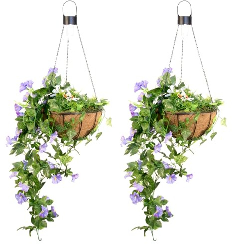 Primrose Duranta Artificial Hanging Baskets with Solar Light - 4 Colours (Purple, Pair)
