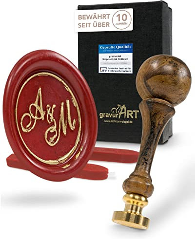 gravurART Siegelstempel personalisiert mit 3 Initialen - Deine Einladungen zur Hochzeit oder Save the Date mit Wachssiegel personalisiert in Schreibschrift - incl. Siegelwachs