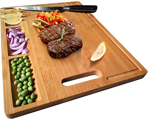 NIUXX Bamboo Cutting Board for Kitchen, Chopping Board with 3 Built-in Compartments & Juice Grooves, Serving Tray for Meats Vegetable Fruits, 38.5 x 27 x 1.5 cm Butcher Block, Carving Board