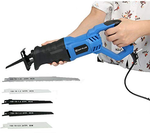 Professional Reciprocating Sabre Saw w/LED Light & Non-Slip Rotary Handle (90° Left & Right), Electric 5 Blades Recip Metal Wood Cutting 900W, Tool-free Blade Change and Variable Speed, 5pcs Saw Blade