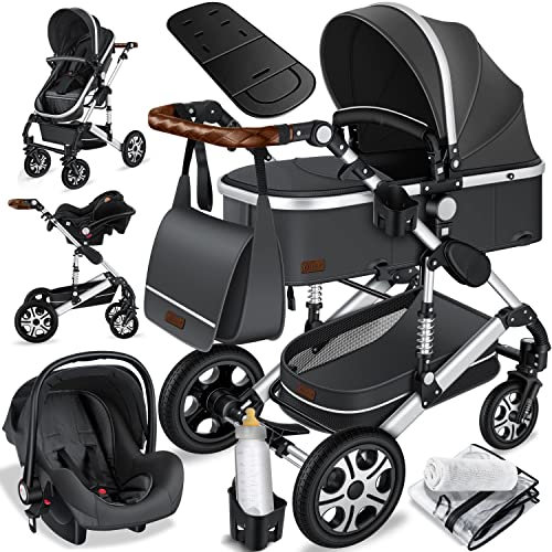 KESSER® Loops 4 in 1 Kinderwagen Kombikinderwagen Komplett-Set inkl. Babywanne & Buggy Sportsitz & Auto-Babyschale Voll-Gummireifen Wickeltasche Regenschutz Kindertisch ECE R129, Asphalt Grau/Silber