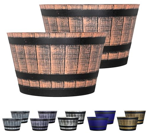 SG Traders Large Half Barrel Cask Planter, Flower Plastic Pots Outdoor Garden Planters, Indoor Plant Pot with Drainage Holes, Stonegrey,Tan,Greywood with Black Straps, Set of 2, 40 x 24cm