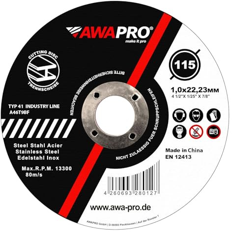 AWAPRO Trennscheiben 115 Metall 1mm dünn für Edelstahl, Stahl - 25 Stück | 115 x 1,0 x 22,23 mm