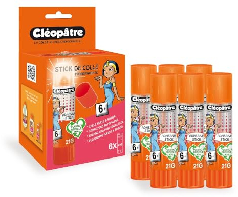 Cléopatre - Cléostick Adhesive - 6 Klebestifte Transparent - Ideal für Schularbeiten Ab 6 Jahren - Leicht und präzise aufzutragen - Lösungsmittelfrei - 6x21g