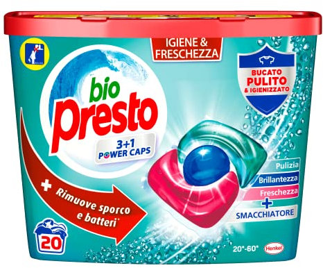 Bio Presto Power Caps Higiene, detergente para lavadora predosificado en cápsulas con función higiene y frescura, paquete de 20 lavados – 260 g