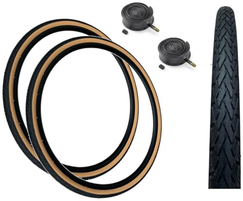 Baldys 700 x 38c Hybrid/Trekking Bike Slick Tyres BLACK/TAN & Schrader Valve Inner Tubes (Pack of 2)