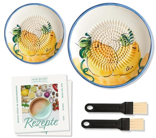evergrate Geniales Duo: Tellerreibe + Dipschale Motiv Melissa mit 2 Küchenpinsel und 2 Rezepthefte