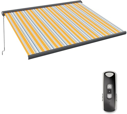paramondo Markise Kassettenmarkise Curve 2000 Gelenkarmmarkise Balkon Terrasse Sichtschutz, mit jarolift Funkmotor & Funkhandsender, 345 x 300 cm, Gestell Anthrazit, Stoff Multi Gelb-Blau-Grau