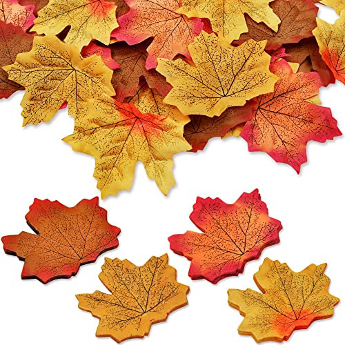 ROLLWAY Lot de 200 feuilles d'érable artificielles - Feuilles d'automne - Feuilles d'érable artificielles colorées - 4 couleurs - Décoration d'automne - Feuilles d'érable mélangées - Pour Halloween