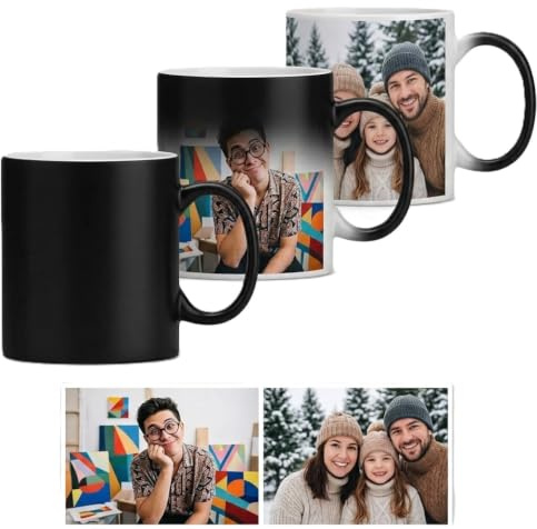 NWOSKI Personalised Magic Mugs with Photos or Text! Colour Change Coffee Magic Mug Tea! Personalised Heat Change Magic Mug with Photo Text Logo for Dad, Birthday Gift Both Sides Print (2 Photos)